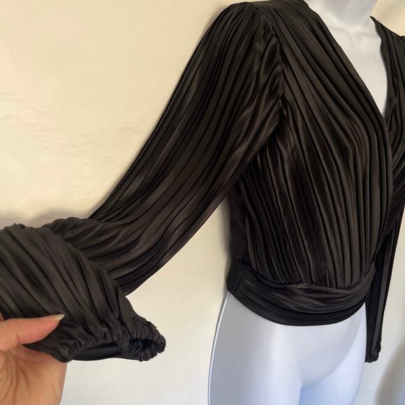 Japna Satin Pleated Wrap Womens Top Sz S Indie Holiday Glam Cocktail NYE Deep V - Picture 4 of 11